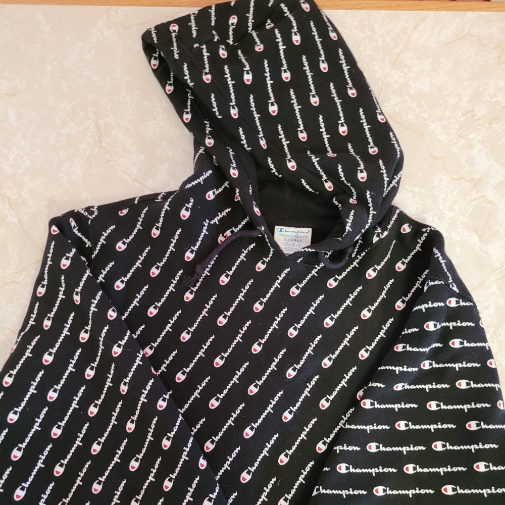 Champion Black Hoodie with Logo Print